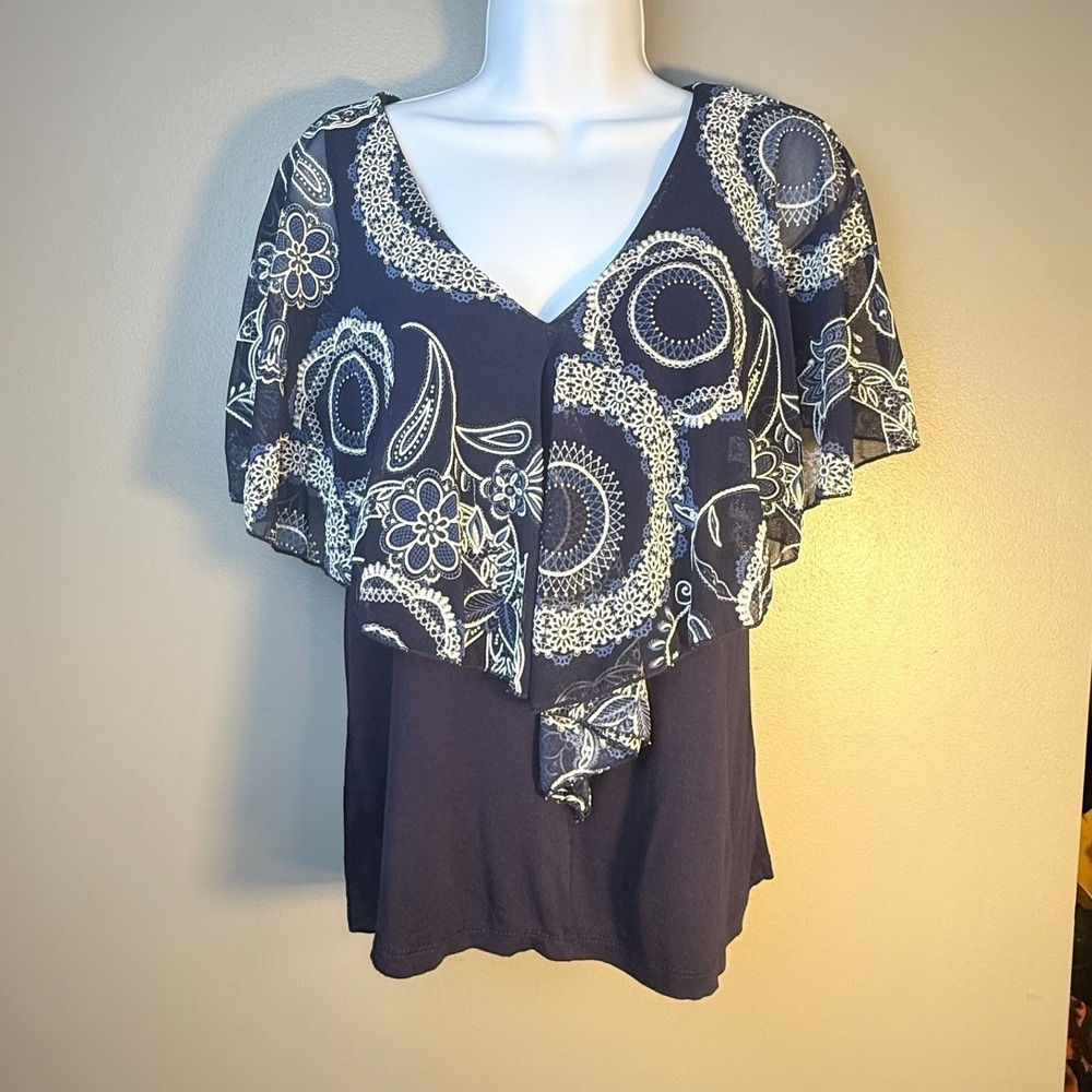 Espresso Navy Paisley Layered Blouse Women's Small Asymmetrical Overlay Top